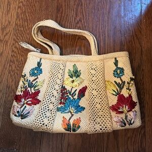 Vintage Multicolor Wicker Embroidered Flower Bag